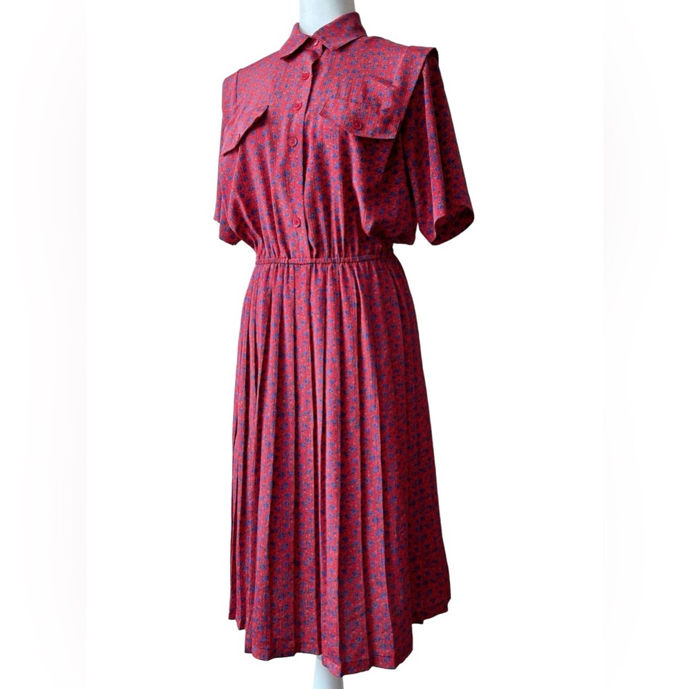 Leslie Fay Vintage Red Floral Pleated Midi Dress Button Front Short Sleeve